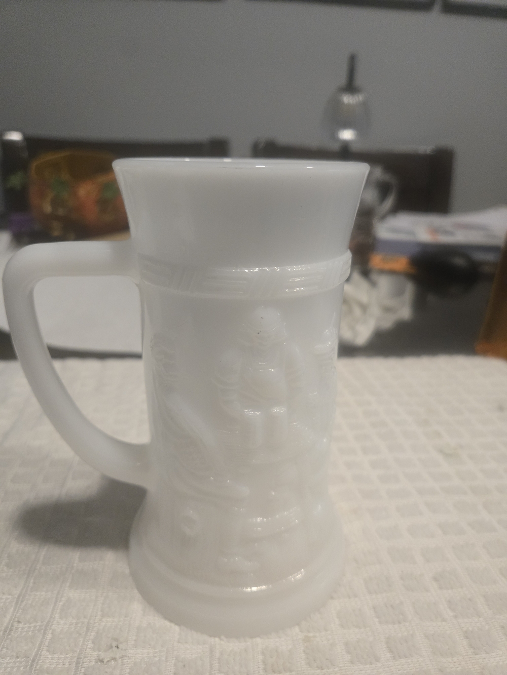 MCM White Milk Glass Beer Mug - Vintage Tavern Pub Scene Raised Relief Stein